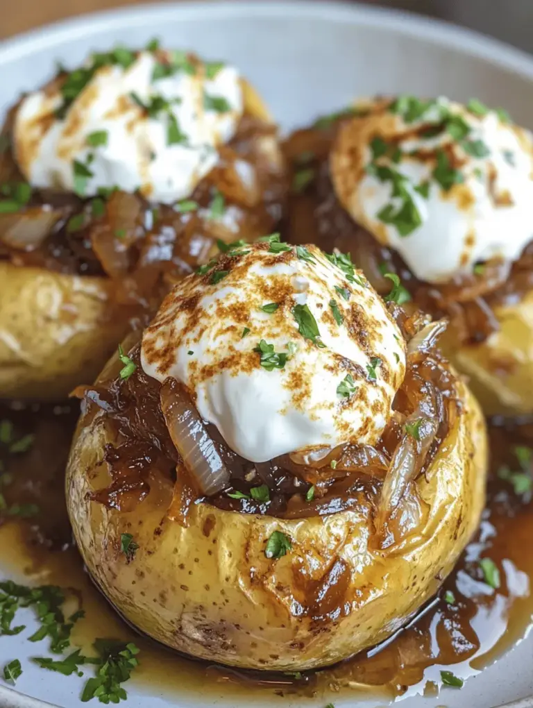 When it comes to comfort food, few dishes can rival the heartwarming appeal of French Onion Baked Potatoes. This delightful recipe marries the creamy, earthy flavors of perfectly baked russet potatoes with the rich, savory taste of caramelized onions and melty Gruyère cheese. Imagine digging into a fluffy potato, lovingly topped with a sweet and savory onion mixture, all crowned with a layer of gooey cheese. This dish not only warms the soul but also offers an explosion of flavor that makes it a standout at any meal.