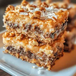 Coconut Magic Bars, also known as Seven Layer Bars, are a delightful dessert that brings together the best of both worlds: a chewy, rich base and a symphony of sweet toppings. These bars are not only visually stunning with their multiple layers but also offer an explosion of flavors and textures that is sure to please any sweet tooth. The combination of crunchy, creamy, and chewy elements makes every bite a delightful experience, transforming simple ingredients into a luscious treat.