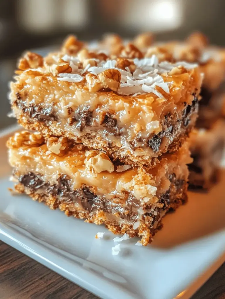 Coconut Magic Bars, also known as Seven Layer Bars, are a delightful dessert that brings together the best of both worlds: a chewy, rich base and a symphony of sweet toppings. These bars are not only visually stunning with their multiple layers but also offer an explosion of flavors and textures that is sure to please any sweet tooth. The combination of crunchy, creamy, and chewy elements makes every bite a delightful experience, transforming simple ingredients into a luscious treat.