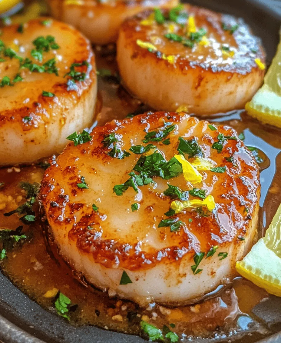 Scallops are a diverse group of bivalve mollusks, celebrated for their tender meat and sweet flavor. When it comes to culinary uses, two primary types of scallops dominate the market: <strong>sea scallops</strong> and <strong>bay scallops</strong>.” /></p>
</p>
<h3>Searing Method Explained</h3>
</p>
<h4>Heating the Skillet: Achieving the Right Temperature</h4>
</p>
<p>To achieve perfectly seared scallops, it’s crucial to start with the right skillet and temperature. A heavy-bottomed skillet, such as cast iron or stainless steel, provides even heat distribution and helps develop a beautiful golden crust on the scallops. Before adding any oil, preheat the skillet over medium-high heat for about 2-3 minutes.</p>
</p>
<p>Once the skillet is hot, add a high smoke point oil, such as grapeseed or canola oil. You want the oil to shimmer but not smoke excessively; this indicates that it’s hot enough for searing. A properly heated skillet will prevent the scallops from sticking and ensure they sear quickly, locking in their natural juices.</p>
</p>
<h4>Techniques for Flipping Scallops Without Breaking</h4>
</p>
<p>Flipping scallops can be tricky, as they are delicate and can easily break apart. To avoid this, ensure that the scallops are dry before placing them in the skillet. Pat them thoroughly with paper towels to remove excess moisture, which can cause them to steam instead of sear.</p>
</p>
<p>When it’s time to flip, use a thin, flexible spatula. Gently slide the spatula underneath the scallop, ensuring it’s fully released from the skillet before lifting it. Flip the scallop gently and allow it to sear on the other side for another 1-2 minutes. The goal is to achieve a nice golden-brown crust on both sides without breaking the delicate meat.</p>
</p>
<h3>Creating the Garlic Lemon Butter Sauce</h3>
</p>
<h4>Sautéing Garlic to Perfection</h4>
</p>
<p>The garlic lemon butter sauce is the star of this dish, enhancing the natural sweetness of the scallops. Start by adding a tablespoon of unsalted butter to the same skillet used for searing the scallops. Allow it to melt over medium heat, then add minced garlic.</p>
</p>
<p>To sauté garlic to perfection, watch closely; you want it to be fragrant and lightly golden, which usually takes about 30 seconds. Avoid browning it too much, as burnt garlic can impart a bitter flavor to your sauce. Once the garlic is sautéed, add a splash of white wine or broth to deglaze the pan, scraping up any browned bits from the bottom. This step enhances the sauce’s flavor and adds complexity.</p>
</p>
<h4>Balancing Acidity and Richness in the Sauce</h4>
</p>
<p>After deglazing, it’s time to create the perfect balance between acidity and richness. Add the juice of fresh lemons to the skillet, followed by another tablespoon of butter. Stir continuously until the butter melts and emulsifies into the sauce.</p>
</p>
<p>Taste the sauce and adjust the acidity by adding more lemon juice if desired or a pinch of salt to enhance the flavors. If you prefer a creamier sauce, consider adding a splash of heavy cream at this point, but this is optional. Allow the sauce to simmer for a minute or two to thicken slightly before removing it from heat.</p>
</p>
<h3>Plating and Presentation Ideas</h3>
</p>
<h4>The Art of Plating</h4>
</p>
<p>Presentation is key when serving Garlic Lemon Butter Seared Scallops. Start by arranging the scallops on a plate with precision. For a refined look, consider placing them in a spiral or circular pattern, showcasing their golden-brown crust.</p>
</p>
<h4>Garnishing with Parsley and Lemon Wedges</h4>
</p>
<p>To elevate the visual appeal, garnish the dish with freshly chopped parsley and lemon wedges. The vibrant green of the parsley contrasts beautifully with the scallops’ golden hue, while the lemon adds brightness to the plate. You can also drizzle some of the garlic lemon butter sauce over the scallops for added flavor and presentation.</p>
</p>
<h3>Creating a Complete Meal</h3>
</p>
<h4>Suggested Side Dishes That Complement the Scallops</h4>
</p>
<p>To create a well-rounded meal, consider serving your scallops with side dishes that complement their flavors. Some excellent options include:</p>
</p>
<p>– <strong>Garlic Mashed Potatoes</strong>: Creamy and rich, they soak up the garlic lemon butter sauce beautifully.</p>
<p>– <strong>Asparagus or Broccolini</strong>: Lightly sautéed or steamed, they add a pop of color and a fresh crunch.</p>
<p>– <strong>Quinoa or Rice Pilaf</strong>: A nutty grain that provides a lovely texture and absorbs the flavors of the dish.</p>
</p>
<h4>Beverage Pairings to Enhance the Dining Experience</h4>
</p>
<p>Pairing your meal with the right beverage can enhance the dining experience. A crisp white wine, such as a Sauvignon Blanc or a light Chardonnay, complements the buttery richness of the scallops. For a non-alcoholic option, consider serving sparkling water with a twist of lemon or a light herbal iced tea.</p>
</p>
<h3>Nutritional Information and Serving Suggestions</h3>
</p>
<h4>Nutritional Overview</h4>
</p>
<p>Scallops are not only delicious but also packed with nutritional benefits. A typical serving of scallops (about 3 oz) contains approximately:</p>
</p>
<p>– <strong>Calories</strong>: 90-100</p>
<p>– <strong>Protein</strong>: 20 grams</p>
<p>– <strong>Fat</strong>: 1 gram (mostly healthy unsaturated fats)</p>
<p>– <strong>Vitamins and Minerals</strong>: Rich in vitamin B12, selenium, and magnesium</p>
</p>
<p>These nutrients support muscle health, metabolism, and overall well-being, making scallops a fantastic choice for a healthy meal.</p>
</p>
<h4>Balancing Your Meal with Accompaniments</h4>
</p>
<p>When planning your meal, aim for balance by incorporating plenty of vegetables and whole grains alongside the scallops. This not only enhances the nutritional profile but also adds variety to your plate.</p>
</p>
<h3>Serving Size and Portions</h3>
</p>
<h4>Recommendations for Serving Sizes</h4>
</p>
<p>For a main course, plan on serving 4-6 scallops per person, depending on their size and the number of side dishes. If serving as an appetizer, 2-3 scallops per person would suffice.</p>
</p>
<h4>Adaptations for Larger Gatherings</h4>
</p>
<p>If you’re hosting a gathering, scaling up the recipe is straightforward. Simply multiply the ingredients by the number of servings needed, ensuring your pan is large enough to accommodate all the scallops in a single layer for even cooking.</p>
</p>
<h3>Conclusion: Embracing the Joy of Cooking Scallops</h3>
</p>
<p>Garlic Lemon Butter Seared Scallops is more than just a dish; it is an experience that brings together flavor, technique, and presentation. With this recipe, you can create a restaurant-quality meal in the comfort of your home, impressing family and friends alike.</p>
</p>
<p>Cooking scallops is a rewarding endeavor that showcases your culinary skills while allowing you to enjoy the process. From the initial searing to the finishing touches of plating, every step is an opportunity to engage with the ingredients and express creativity.</p>
</p>
<p>So, gather your ingredients, follow the steps outlined, and embrace the joy of cooking scallops. The delightful results that follow will not only satisfy your taste buds but also make this dish a staple in your culinary repertoire. Enjoy every moment spent in the kitchen and the joy of sharing your delicious creation with loved ones.</p>
</div>