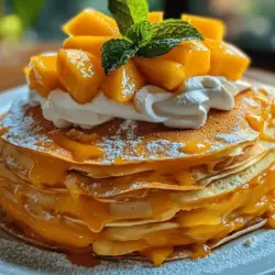 The Mango Paradise Crepe Cake is a delightful dessert that brings a touch of tropical elegance to any gathering. This stunning cake is not only visually appealing but also tantalizes the palate with its harmonious blend of flavors—sweet, ripe mango, rich cream, and delicate, thin crepes. The light and airy texture of the crepes combined with the luscious mango filling creates an indulgent experience that is hard to resist.