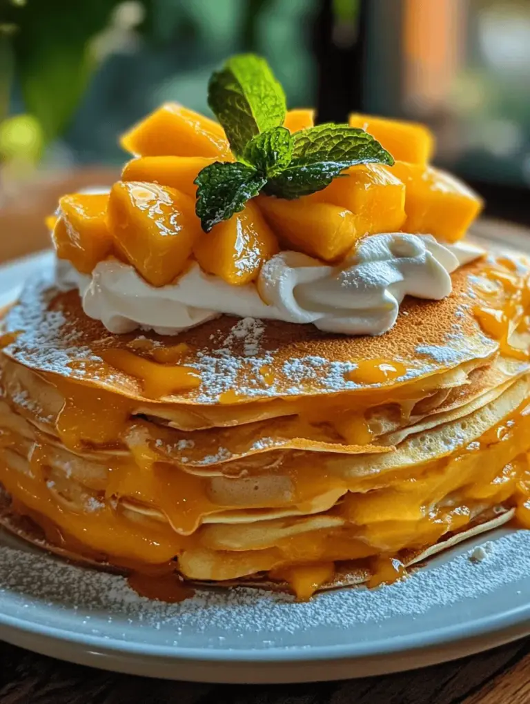 The Mango Paradise Crepe Cake is a delightful dessert that brings a touch of tropical elegance to any gathering. This stunning cake is not only visually appealing but also tantalizes the palate with its harmonious blend of flavors—sweet, ripe mango, rich cream, and delicate, thin crepes. The light and airy texture of the crepes combined with the luscious mango filling creates an indulgent experience that is hard to resist.