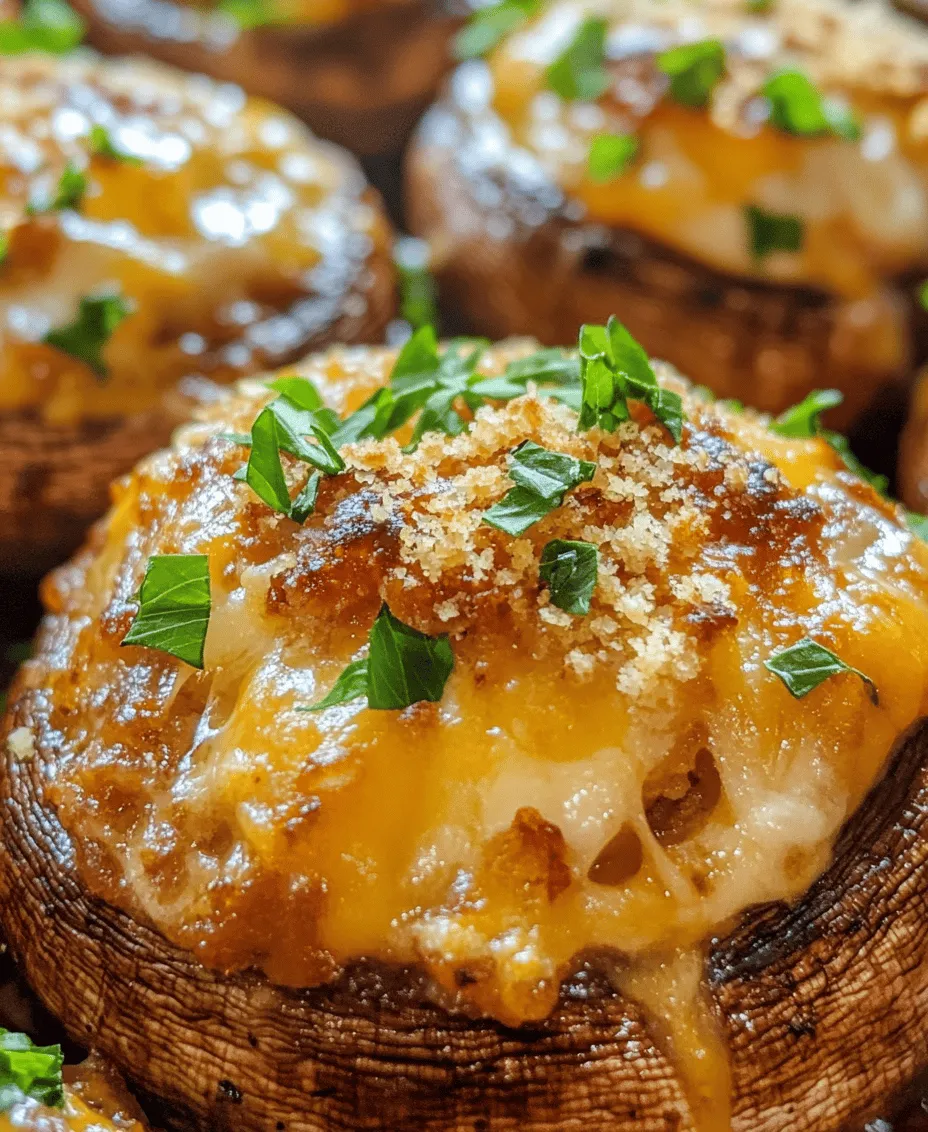 Stuffed mushrooms are a beloved classic appetizer that have graced the tables of countless gatherings, from casual family dinners to elegant soirées. Their appeal lies in the delightful combination of rich flavors and satisfying textures, making them a perfect starter or side dish. Among the many variations available, <strong>white cheddar stuffed mushrooms</strong> stand out as a delightful twist on the traditional recipe. This version takes the classic stuffed mushroom and elevates it with the sharp, creamy goodness of white cheddar cheese, creating a dish that is both indulgent and comforting.” /></p>
</p>
<h3>Baking: What to Look for to Determine Doneness</h3>
</p>
<p>Once you have prepared your white cheddar stuffed mushrooms and placed them in the oven, it is essential to know when they are perfectly baked. The baking time is typically around 20 to 25 minutes at 375°F (190°C). However, doneness can vary based on the size of your mushrooms and your oven’s calibration. Here are some key indicators to help you determine when your stuffed mushrooms are ready:</p>
</p>
<p>1. <strong>Color</strong>: The tops should be golden brown and slightly crispy. This indicates that the cheese has melted and the breadcrumbs (if used) have toasted nicely.</p>
</p>
<p>2. <strong>Texture</strong>: The mushrooms should feel firm but tender when pierced with a fork. If they feel overly soft or mushy, they may have been overcooked.</p>
</p>
<p>3. <strong>Cheese Bubbling</strong>: Look for bubbling cheese on the top of the stuffed mushrooms. This is a sign that they are hot and ready to be taken out of the oven.</p>
</p>
<p>4. <strong>Aromatic Appeal</strong>: The delightful aroma of baked cheese and mushrooms will fill your kitchen, signaling that your dish is nearly complete.</p>
</p>
<p>Once baked to perfection, allow them to cool for a few minutes before serving. This will help the flavors settle and make them easier to handle.</p>
</p>
<h3>Serving Suggestions: Presentation Ideas and Garnishing</h3>
</p>
<p>Presentation plays a significant role in enhancing the appeal of your white cheddar stuffed mushrooms. Here are some creative ideas to serve them beautifully:</p>
</p>
<p>– <strong>Platter Arrangement</strong>: Arrange the stuffed mushrooms on a decorative serving platter. Use a mix of colors and textures by placing fresh herbs, like parsley or thyme, around the base to create a vibrant contrast.</p>
</p>
<p>– <strong>Garnishing</strong>: Consider drizzling a balsamic glaze or a light herb-infused oil over the stuffed mushrooms just before serving. This adds a touch of sophistication and enhances the flavor profile.</p>
</p>
<p>– <strong>Mini Skewers</strong>: For a fun twist, you can serve the mushrooms on mini skewers with cherry tomatoes or olives. This not only adds variety but also makes them easy for guests to pick up.</p>
</p>
<p>– <strong>Accompaniment</strong>: Pair your stuffed mushrooms with a small bowl of dipping sauce, such as marinara or a creamy garlic dip, for a delightful combination.</p>
</p>
<h3>Nutritional Information</h3>
</p>
<p>Understanding the nutritional content of your white cheddar stuffed mushrooms is essential for anyone mindful of their dietary choices. Here’s a breakdown of the nutritional information per serving (assuming about 3 stuffed mushrooms):</p>
</p>
<p>– <strong>Calories</strong>: Approximately 150-200 calories</p>
<p>– <strong>Protein</strong>: 6-8 grams</p>
<p>– <strong>Fat</strong>: 10-15 grams</p>
<p>– <strong>Carbohydrates</strong>: 5-7 grams</p>
<p>– <strong>Fiber</strong>: 1 gram</p>
</p>
<h4>Health Aspects of Ingredients Used</h4>
</p>
<p>– <strong>Mushrooms</strong>: Rich in antioxidants, vitamins B and D, and minerals like selenium. They are low in calories and can boost immune function.</p>
<p>– <strong>White Cheddar Cheese</strong>: Provides a good source of calcium and protein, although it is higher in fat and calories, so moderation is key.</p>
<p>– <strong>Garlic and Herbs</strong>: Both are known for their anti-inflammatory properties and can add flavor without additional calories.</p>
</p>
<h4>Comparison to Other Common Appetizers</h4>
</p>
<p>When comparing stuffed mushrooms to other common appetizers, such as fried mozzarella sticks or potato skins, stuffed mushrooms generally offer a healthier alternative. For instance, while mozzarella sticks can reach around 300-400 calories per serving, stuffed mushrooms provide a satisfying bite with fewer calories and more nutrients, making them a great choice for health-conscious individuals.</p>
</p>
<h3>Creative Variations of Stuffed Mushrooms</h3>
</p>
<p>Experimenting with variations can elevate your stuffed mushrooms to new heights. Here are some creative ideas:</p>
</p>
<h4>Alternative Cheeses</h4>
</p>
<p>– <strong>Goat Cheese</strong>: For a tangy flavor, goat cheese can be used in place of white cheddar. It pairs wonderfully with the earthiness of mushrooms.</p>
<p>– <strong>Mozzarella</strong>: If you prefer a milder taste and a gooey texture, fresh mozzarella is an excellent option.</p>
</p>
<h4>Adding Proteins</h4>
</p>
<p>– <strong>Bacon</strong>: Incorporate crispy bacon bits into your cheese mixture for a savory crunch that adds depth to the flavor.</p>
<p>– <strong>Sausage</strong>: Ground Italian sausage can introduce a spiced element, making the dish heartier and more satisfying.</p>
</p>
<h4>Vegetarian Additions</h4>
</p>
<p>– <strong>Spinach</strong>: Adding sautéed spinach can boost the nutritional profile and provide a vibrant green color.</p>
<p>– <strong>Artichokes</strong>: Chopped artichoke hearts can add a unique flavor and texture, complementing the cheese beautifully.</p>
</p>
<h4>Experimenting with Spices and Herbs</h4>
</p>
<p>– <strong>Spices</strong>: Consider adding red pepper flakes for a bit of heat or smoked paprika for a hint of smokiness.</p>
<p>– <strong>Herbs</strong>: Fresh herbs like basil, dill, or chives can offer freshness and enhance the overall aroma of your dish.</p>
</p>
<h3>Pairing Suggestions</h3>
</p>
<p>To elevate the dining experience, consider pairing your stuffed mushrooms with the following:</p>
</p>
<h4>Recommended Beverages</h4>
</p>
<p>– <strong>Wines</strong>: A crisp white wine, such as Sauvignon Blanc or Chardonnay, complements the creamy cheese and earthy mushrooms beautifully.</p>
<p>– <strong>Cocktails</strong>: A light gin and tonic or a refreshing mojito can also pair well, providing a contrast to the richness of the dish.</p>
</p>
<h4>Side Dishes</h4>
</p>
<p>– <strong>Salads</strong>: A simple arugula salad with lemon vinaigrette can add a refreshing balance to the richness of the stuffed mushrooms.</p>
<p>– <strong>Bread</strong>: Serve with crusty bread or garlic bread for a delightful contrast in texture and to soak up any dips.</p>
</p>
<h3>Perfecting Your Stuffed Mushrooms</h3>
</p>
<p>To achieve the best results with your stuffed mushrooms, keep the following tips in mind:</p>
</p>
<h4>Common Mistakes to Avoid</h4>
</p>
<p>– <strong>Overstuffing</strong>: While it may be tempting to cram as much filling into the mushrooms as possible, overstuffing can lead to a messy presentation and uneven cooking.</p>
<p>– <strong>Choosing the Wrong Mushrooms</strong>: Opt for larger varieties like portobello or cremini mushrooms, which can hold more filling and provide a better bite.</p>
</p>
<h4>Tips for Achieving the Best Texture and Flavor</h4>
</p>
<p>– <strong>Pre-Roasting</strong>: Lightly roasting the mushrooms before stuffing them can enhance their flavor and help reduce moisture, preventing sogginess.</p>
<p>– <strong>Chilling the Filling</strong>: Allowing the filling to cool slightly before stuffing can help it hold together better and develop deeper flavors.</p>
</p>
<h4>Storing Leftover Stuffed Mushrooms</h4>
</p>
<p>If you find yourself with leftovers, here’s how to store and reheat them properly:</p>
</p>
<p>– <strong>Storage</strong>: Place any leftover stuffed mushrooms in an airtight container in the refrigerator for up to three days.</p>
<p>– <strong>Reheating</strong>: For the best results, reheat in the oven at 350°F (175°C) for about 10-15 minutes until warmed through. This helps maintain the texture and crispiness of the cheese.</p>
</p>
<h3>Conclusion</h3>
</p>
<p>Making white cheddar stuffed mushrooms is not just about creating a delicious appetizer; it’s about the joy of preparing a dish that brings people together. The combination of rich cheese, earthy mushrooms, and the potential for countless variations makes it a versatile choice for any occasion. Whether it’s a cozy family gathering, a festive celebration, or a simple get-together with friends, these stuffed mushrooms are sure to impress.</p>
</p>
<p>Don’t hesitate to try the recipe and experiment with your own twists. The satisfaction of homemade appetizers that impress your guests is unparalleled. Enjoy the process, and let your creativity shine through!</p>
</div>