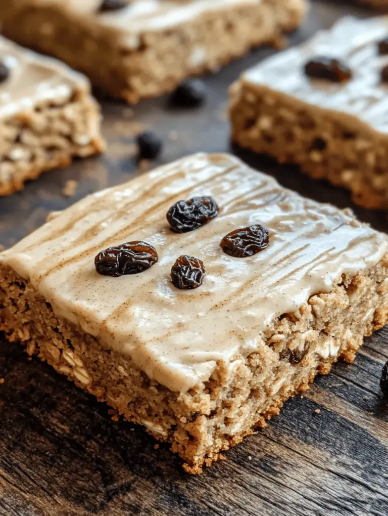 Oatmeal Raisin Cookie Bars with Maple Cinnamon Frosting are a delightful twist on the classic cookie recipe, combining the hearty texture of oatmeal with the sweetness of raisins and an irresistibly creamy maple cinnamon frosting. These bars are not just a dessert; they evoke a sense of nostalgia, reminiscent of warm, home-baked treats shared with family and friends. Whether you're preparing for a cozy gathering, a holiday celebration, or simply looking to indulge in a comforting dessert, these cookie bars are perfect for any occasion.