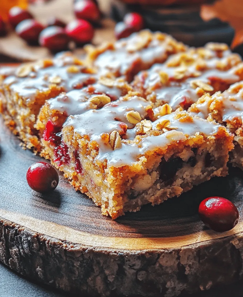 As the leaves turn golden and the air grows crisp, there's nothing quite like indulging in a seasonal dessert that captures the essence of fall. Enter <strong>Cranberry Crumble Bars</strong>, a delightful concoction that combines the sweet richness of browned butter blondies with the tart vibrancy of fresh cranberries. These bars are more than just a treat; they embody the warm, comforting flavors of the harvest season, making them an ideal choice for fall gatherings, holiday celebrations, or a cozy evening at home with a steaming cup of tea.” /></p>
</p>
<h3>Folding in Cranberries, Oats, and Optional Almonds</h3>
</p>
<p>To achieve a balanced distribution of flavors and textures in your Cranberry Crumble Bars, it’s essential to fold in the cranberries, oats, and optional chopped almonds carefully. Begin by ensuring that your browned butter blondie batter is slightly cooled; this will prevent the cranberries from wilting and help maintain their vibrant color.</p>
</p>
<p>1. <strong>Incorporate the Ingredients</strong>: Gently add in the fresh or frozen cranberries to the blondie batter. If you’re using frozen cranberries, there’s no need to thaw them beforehand, as they’ll release their juices during baking, adding to the overall flavor of the bars.</p>
</p>
<p>2. <strong>Add the Oats</strong>: Next, sprinkle in rolled oats. This not only enhances the texture but also adds a wholesome, chewy element that contrasts beautifully with the fruity tartness of the cranberries.</p>
</p>
<p>3. <strong>Optional Almonds</strong>: If you choose to include almonds, this is the time to fold them in. Chopped roasted almonds provide a nutty flavor and a satisfying crunch. Gently fold these ingredients into the batter using a spatula, ensuring an even distribution without overmixing. The result should be a thick batter studded with cranberries and oats, ready for baking.</p>
</p>
<h3>Baking the Bars</h3>
</p>
<p>Now that your batter is complete, it’s time to bake these delicious bars to perfection. Preheat your oven to 350°F (175°C) and line an 8×8-inch baking pan with parchment paper, leaving some overhang for easier removal later.</p>
</p>
<p>1. <strong>Pour and Spread</strong>: Transfer the batter into the prepared pan. Using a spatula, spread it evenly across the bottom, ensuring the mixture is level and reaches the corners.</p>
</p>
<p>2. <strong>Bake</strong>: Place the pan in the preheated oven and bake for 25 to 30 minutes. Keep an eye on the bars; they are done when the edges are slightly golden and a toothpick inserted in the center comes out clean or with just a few moist crumbs attached.</p>
</p>
<h3>Cooling and Drizzling: Adding the Finishing Touches</h3>
</p>
<p>Once your bars are baked to perfection, allow them to cool properly to achieve the best texture and flavor. Cooling is crucial as it helps the bars set, making them easier to slice.</p>
</p>
<h4>Cooling Techniques</h4>
</p>
<p>After removing the pan from the oven, let it cool on a wire rack for about 20 minutes. This step is vital; if you slice the bars too soon, they may crumble and fall apart. Once they are cool enough to handle, gently lift the bars out of the pan using the parchment overhang and allow them to cool completely on the wire rack.</p>
</p>
<h4>Creating the Drizzle</h4>
</p>
<p>To enhance both the presentation and flavor of your Cranberry Crumble Bars, consider adding a powdered sugar drizzle. Here’s a simple method to create it:</p>
</p>
<p>1. <strong>Ingredients</strong>: You’ll need 1 cup of powdered sugar, 2 tablespoons of milk (or water), and a splash of vanilla extract for added flavor.</p>
</p>
<p>2. <strong>Mix</strong>: In a small bowl, whisk together the powdered sugar, milk, and vanilla until smooth. The consistency should be thick yet runny enough to drizzle. If it’s too thick, add a bit more milk; if too thin, add a little more powdered sugar.</p>
</p>
<p>3. <strong>Drizzle</strong>: Once the bars are completely cool, use a spoon or a piping bag to drizzle the mixture over the top. This will not only add a lovely glossy finish but also a sweet touch that complements the tartness of the cranberries.</p>
</p>
<h3>Slicing, Serving, and Storing</h3>
</p>
<p>After cooling and drizzling, you’re ready to slice, serve, and store your delicious Cranberry Crumble Bars.</p>
</p>
<h4>Optimal Slicing Techniques</h4>
</p>
<p>For the best presentation and to achieve even slices, use a sharp knife. It’s helpful to score the bars lightly before cutting through to ensure straight lines. For perfectly neat slices, wipe your knife with a damp cloth between cuts to remove any sticky residue.</p>
</p>
<p>1. <strong>Cut into Bars</strong>: Depending on your preference, cut the cooled bars into squares or rectangles. A standard size is 2×2 inches, but you can adjust according to your serving needs.</p>
</p>
<h4>Serving Suggestions</h4>
</p>
<p>These Cranberry Crumble Bars are versatile and can be enjoyed in many ways:</p>
</p>
<p>– <strong>Beverage Pairings</strong>: They pair beautifully with a warm cup of tea or coffee, perfect for an afternoon snack. For a festive touch, consider serving them alongside a glass of spiced apple cider or mulled wine during the fall and winter holidays.</p>
<p>– <strong>Garnishing</strong>: Top them with a dollop of whipped cream or a scoop of vanilla ice cream for an indulgent dessert option. Fresh mint leaves can also add a pop of color and a fresh flavor.</p>
</p>
<h4>Storage Tips</h4>
</p>
<p>To keep your bars fresh and delicious, follow these storage tips:</p>
</p>
<p>1. <strong>Room Temperature</strong>: Store leftover bars in an airtight container at room temperature for up to 3 days. They will retain their flavor and texture best this way.</p>
</p>
<p>2. <strong>Refrigeration</strong>: If you want to extend their shelf life, consider refrigerating the bars, where they can last up to a week. Just be sure to let them come to room temperature before serving to enhance their flavor.</p>
</p>
<p>3. <strong>Freezing</strong>: For longer storage, you can freeze the bars. Wrap them tightly in plastic wrap and then place them in a freezer-safe container. They will keep well for up to 3 months. When you’re ready to enjoy them, thaw in the refrigerator or at room temperature.</p>
</p>
<h3>Nutritional Insights</h3>
</p>
<p>Cranberry Crumble Bars are not only delicious but also offer several nutritional benefits, making them a thoughtful addition to your dessert repertoire.</p>
</p>
<h4>Health Benefits of Key Ingredients</h4>
</p>
<p>– <strong>Cranberries</strong>: These tiny fruits are packed with antioxidants and vitamins, particularly vitamin C. They are known for their health benefits, including supporting urinary tract health and providing anti-inflammatory properties.</p>
</p>
<p>– <strong>Oats</strong>: Rich in fiber, oats are great for heart health and can help lower cholesterol levels. They also provide sustained energy, making these bars a fulfilling snack.</p>
</p>
<p>– <strong>Almonds</strong>: If you opt for almonds, they add healthy fats, protein, and vitamin E, contributing to overall health and wellness.</p>
</p>
<h4>Moderation and Enjoyment</h4>
</p>
<p>While these bars are a treat, it’s essential to enjoy them in moderation. Mindful eating allows you to savor the wonderful flavors and textures without overindulging. Pairing a small piece with a healthy snack or meal can help balance your diet while still allowing you to enjoy these delightful bars.</p>
</p>
<h3>Conclusion</h3>
</p>
<p>Cranberry Crumble Bars are not just a dessert; they embody the essence of comfort food with their rich, sweet flavors and seasonal ingredients. Whether you are baking for a special occasion or simply treating yourself, these bars are sure to impress. With the detailed instructions and insights provided, you can confidently create a batch of these delightful bars that will be a hit with family and friends. Enjoy the process, savor the results, and embrace the joy of baking!</p>
</div>