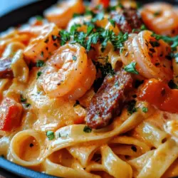 Creamy Cajun Shrimp Pasta with Sausage is a dazzling dish that brings together the bold, spicy essence of Cajun cooking with the comforting allure of creamy pasta. This dish is not just a culinary experience; it’s a celebration of flavors and textures that dance on your palate, making it an ideal choice for both casual weeknight dinners and festive gatherings. The combination of succulent shrimp, smoky andouille sausage, and a luscious creamy sauce enveloped in al dente fettuccine creates a symphony of taste that is hard to resist.