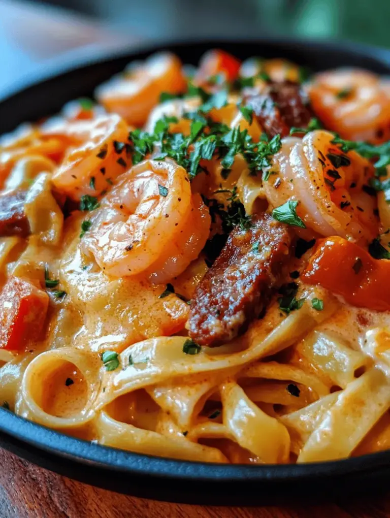 Creamy Cajun Shrimp Pasta with Sausage is a dazzling dish that brings together the bold, spicy essence of Cajun cooking with the comforting allure of creamy pasta. This dish is not just a culinary experience; it’s a celebration of flavors and textures that dance on your palate, making it an ideal choice for both casual weeknight dinners and festive gatherings. The combination of succulent shrimp, smoky andouille sausage, and a luscious creamy sauce enveloped in al dente fettuccine creates a symphony of taste that is hard to resist.