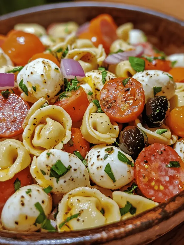 The Salami-Mozzarella Tortellini Pasta Salad is a delightful and satisfying dish that perfectly balances flavors and textures. It brings together the richness of cheese tortellini with the savory notes of hard salami, the creaminess of fresh mozzarella, and the vibrant crunch of fresh vegetables. This dish is not only a feast for the eyes but also a treat for the palate, making it an ideal choice for various occasions—whether it be a summer picnic, a potluck gathering, or a quick weeknight meal.