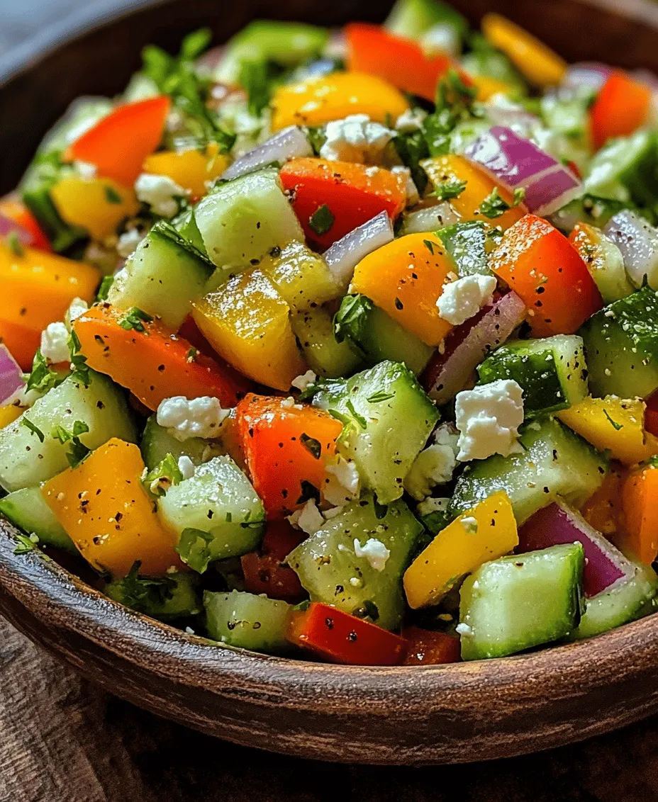 Cucumbers are the star of this salad, providing a refreshing crunch that is hard to beat. Not only do they add a delightful texture, but they are also low in calories, making them an excellent choice for those watching their weight. Cucumbers are composed of about 95% water, which helps keep you hydrated, especially in the warmer months. They are also a good source of vitamins K and C, potassium, and magnesium.