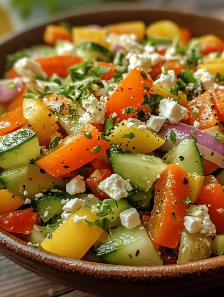 Cucumbers are the star of this salad, providing a refreshing crunch that is hard to beat. Not only do they add a delightful texture, but they are also low in calories, making them an excellent choice for those watching their weight. Cucumbers are composed of about 95% water, which helps keep you hydrated, especially in the warmer months. They are also a good source of vitamins K and C, potassium, and magnesium.