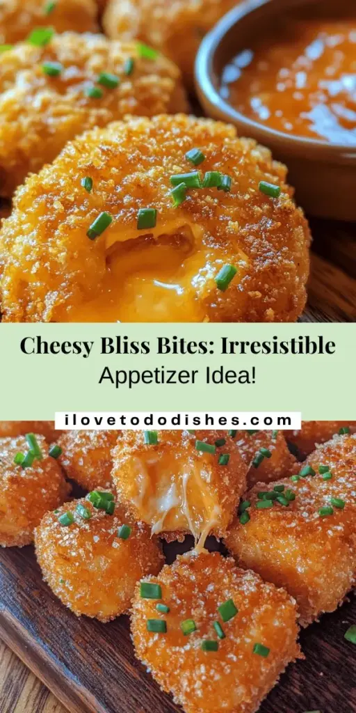 Indulge in the ultimate appetizer with Cheesy Bliss Bites! These delightful morsels feature a perfect blend of cheddar, cream cheese, and Parmesan, all enveloped in a crispy coating. Ideal for any occasion, they're sure to impress your guests, whether at a game night or formal dinner. Enjoy them with marinara or spicy aioli for an extra kick. Discover the joy of cheesy goodness that's perfect for sharing! #CheesyBites #Appetizers #PartyFood #CheeseLovers #ComfortFood #FingerFood