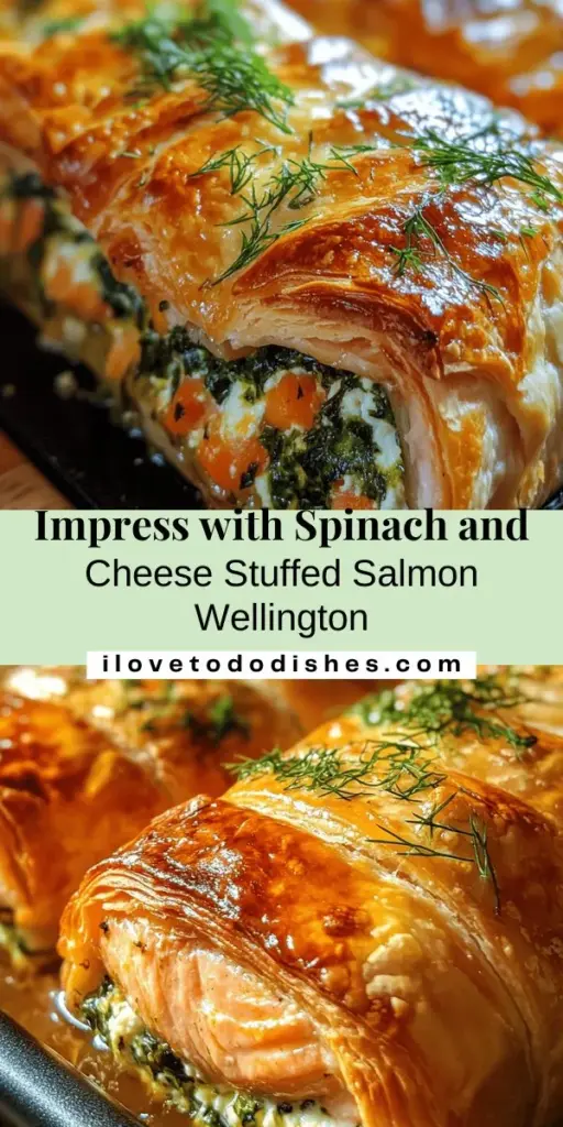 Impress your guests with this stunning Spinach and Cheese Stuffed Salmon Wellington! This delicious dish wraps tender salmon in a flaky puff pastry, filled with a rich mixture of creamy cheeses and vibrant spinach. Perfect for special occasions or a cozy dinner, it not only tantalizes the taste buds but also packs a nutritional punch with omega-3s and essential vitamins. Make your meal memorable with this gourmet recipe! #SalmonWellington #HealthyCooking #FancyDinner #PuffPastry #GourmetRecipes #DinnerParty #FoodLovers #HealthyEating