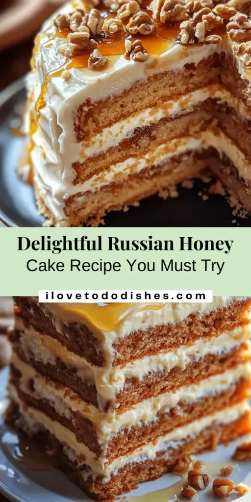 Discover the rich tradition of Russian Honey Cake, or Medovik, with this delightful recipe that blends layers of soft, honey-infused cake and creamy frosting. Perfect for any celebration, this dessert is a slice of history that brings warmth to family gatherings. With simple ingredients and approachable steps, you can impress your guests with this stunning and flavorful treat. Get ready to bake! #RussianHoneyCake #Medovik #Baking #Dessert #TraditionalRecipes #HomeBaking #CulinaryJourney