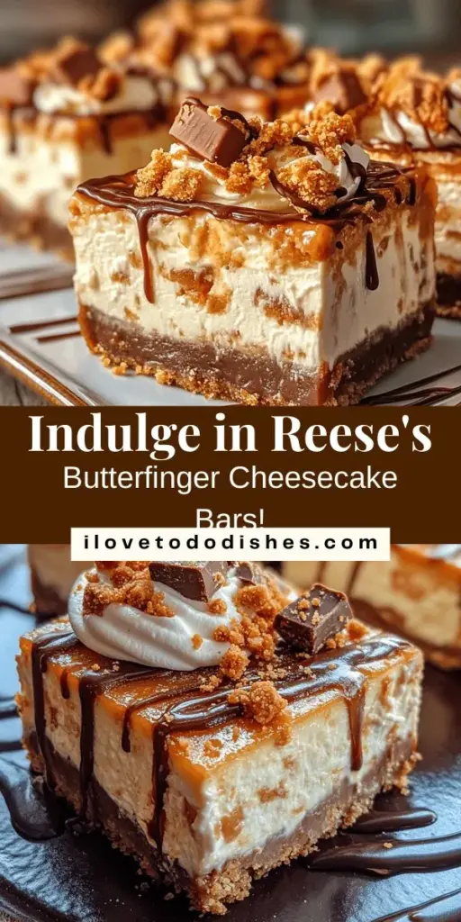 Indulge in the heavenly flavors of Reese's Butterfinger Cheesecake Bars with this easy recipe! Perfect for parties or cozy nights in, these bars combine a buttery graham cracker crust with a creamy cheesecake layer, loaded with crunchy Butterfinger bits. Follow our step-by-step guide and impress your family and friends with this decadent dessert. Bake, chill, and serve for the ultimate sweet treat! #CheesecakeBars #DessertRecipe #BakingFun #Reese's #Butterfinger #SweetTreats