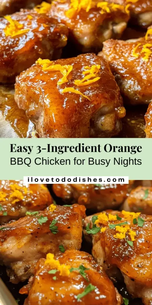 Discover the delicious simplicity of Zesty 3-Ingredient Orange BBQ Chicken, perfect for busy weeknights! With just chicken thighs, orange marmalade, and barbecue sauce, you can whip up a flavorful meal in no time. This easy recipe is not only time-saving but also packed with vibrant flavors that your family will love. Ideal for both novice and seasoned cooks, it's a must-try for any dinner table! #EasyRecipes #ChickenDinner #WeeknightMeals #BBQChicken #QuickMeals