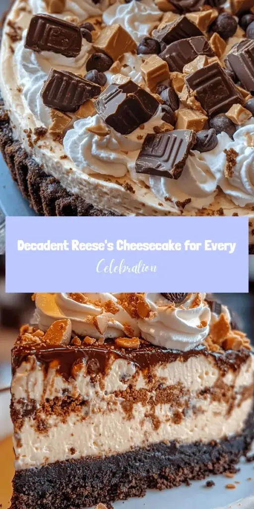 Indulge in the divine flavors of Reese's Peanut Butter Cup Cheesecake! This decadent dessert features a rich and creamy peanut butter filling atop a chocolate cookie crust, studded with chunks of Reese's for an extra treat. Perfect for any occasion, it's sure to impress your guests and satisfy your sweet tooth. Elevate your dessert game and create a memorable experience with this delightful cheesecake! #Cheesecake #DessertRecipe #Reeses #PeanutButter #BakingJoy #SweetTreats