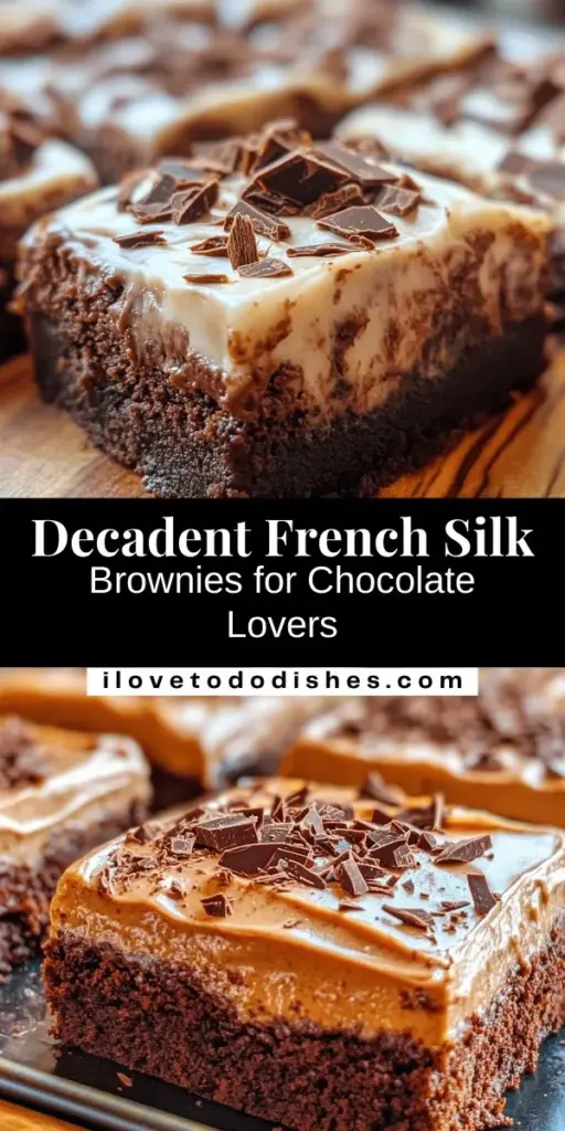 Indulge in the ultimate dessert experience with Decadent French Silk Brownies! This rich treat features a fudgy brownie base topped with luxurious French silk frosting, creating a perfect blend of textures that will satisfy any chocolate lover's cravings. Perfect for birthdays, dinner parties, or just because, these brownies are sure to impress. Elevate your baking game and enjoy every delicious bite! #Brownies #Baking #ChocolateDesserts #FrenchSilk #DessertLovers #HomemadeTreats #IndulgentDesserts #Yum