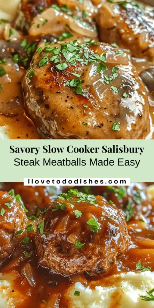 Discover the ultimate comfort food with this Savory Slow Cooker Salisbury Steak Meatballs recipe! Perfect for busy nights, these flavorful meatballs simmer in a rich, creamy sauce, making them a delicious meal the whole family will love. Serve over mashed potatoes, rice, or egg noodles for a truly comforting dish. Enjoy the nostalgia of Salisbury steak in this modern twist! #SlowCookerRecipes #SalisburySteak #ComfortFood #Meatballs #EasyRecipes #FamilyDinner #CookingAtHome