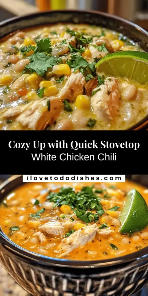 Warm up your weeknight dinners with Quick & Cozy Stovetop White Chicken Chili! This easy recipe combines tender chicken, creamy cannellini beans, and aromatic spices for a comforting dish that’s ready in no time. Perfect for busy evenings or casual get-togethers, this chili is loaded with flavor and nutrition. Discover how to make this heartwarming meal that the whole family will love! #ChickenChili #QuickRecipes #ComfortFood #HealthyEating #EasyCooking #ChiliSeason