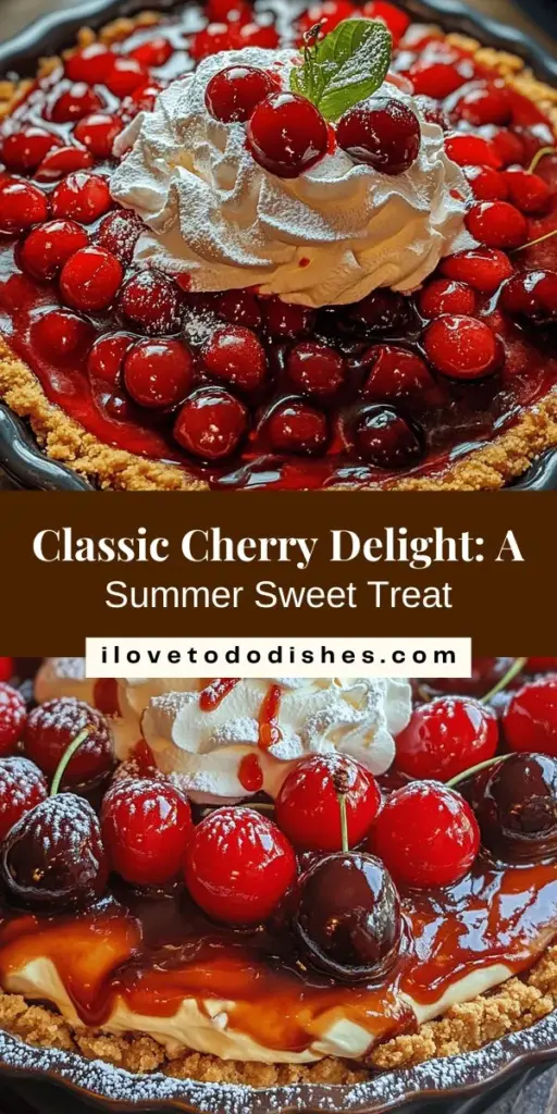 Indulge in the nostalgia of summer with this Classic Cherry Delight recipe! Bursting with fresh cherry flavor and topped with creamy whipped goodness, this dessert combines a crunchy graham cracker crust with a rich cherry filling. Perfect for family gatherings or a sweet treat at home, it's easy to make and sure to impress. Dive into this delightful recipe and create cherished memories with every bite! #CherryDelight #SummerDesserts #Baking #DessertRecipes #SweetTreats