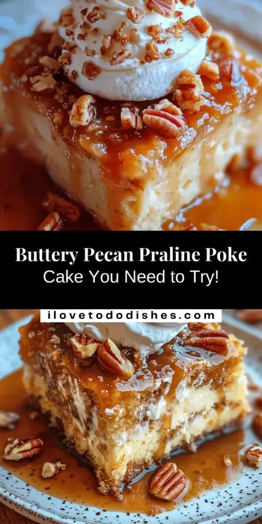 Discover the indulgent world of poke cakes with this Buttery Pecan Praline Poke Cake recipe! This delightful dessert features a moist yellow cake soaked in a rich praline sauce, layered with crunchy pecans for a perfect combination of flavors and textures. Easy to make and impressive to serve, it's ideal for any occasion. Satisfy your sweet cravings with a cake that's sure to impress your guests! #PokeCake #DessertRecipe #ButteryPecanPraline #Baking #SweetTreats #YummyDesserts