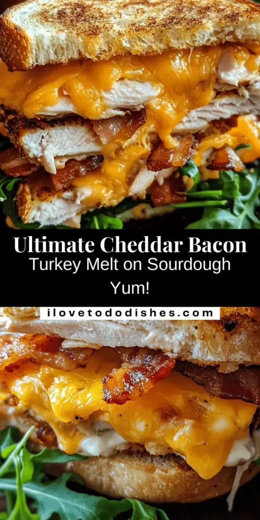 Indulge in comfort with the ultimate Cheddar and Bacon Turkey Melt on sourdough! This delicious sandwich features crispy sourdough, savory roasted turkey, gooey sharp cheddar, and crunchy bacon, all harmonizing for a mouthwatering experience. Fresh arugula adds a peppery touch, while a creamy mayo-Dijon spread ties it all together. Perfect for lunch or a cozy evening meal, this melt is a true crowd-pleaser. Ready to elevate your sandwich game? #TurkeyMelt #ComfortFood #Sourdough #Cheddar #Bacon #EasyRecipes