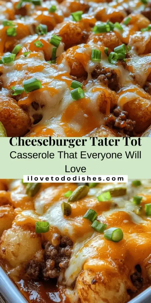 Looking for a crowd-pleasing dinner idea? Try the Ultimate Cheeseburger Tater Tot Casserole! This comforting dish combines the familiar flavors of a classic cheeseburger with crispy tater tots, making it perfect for family gatherings or cozy nights in. Packed with savory ground beef, creamy cheeses, and a crunchy topping, it's a satisfying meal that appeals to all ages. Quick and easy to prepare, it’s bound to become a family favorite! #Casserole #Cheeseburger #TaterTots #FamilyDinner #ComfortFood #RecipeIdeas