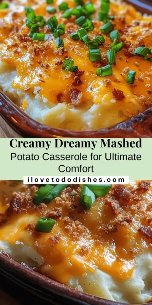 Discover the ultimate comfort food with our Creamy Dreamy Mashed Potato Casserole! This delicious twist on classic mashed potatoes blends creamy ingredients like sour cream, cream cheese, and cheddar for a rich, velvety texture that's perfect for any occasion. Ideal for potlucks and family dinners, this dish is sure to impress your guests. Easy to make and endlessly customizable, it’s a must-try recipe! #Casserole #MashedPotatoes #ComfortFood #RecipeIdeas #CookingInspiration