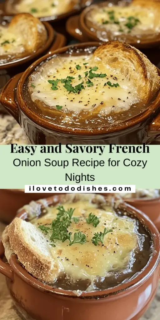 Warm up with a bowl of Savory Easy French Onion Soup! This classic recipe marries sweet caramelized onions with rich broth, aromatic herbs, and a heavenly melted Gruyère cheese topping. Perfect for any occasion, it's simple enough for beginner cooks and impressive enough for guests. Cozy up on a chilly evening and savor the comforting flavors of this beloved dish. Try it today and discover your new favorite comfort food! #FrenchOnionSoup #ComfortFood #HomemadeCooking #SoupRecipes #Foodie