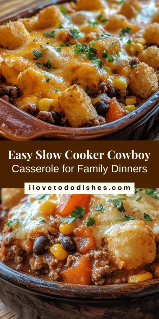 Looking for a foolproof and comforting family meal? Try the Slow Cooker Cowboy Casserole Delight! With layers of ground beef, black beans, corn, and topped with crispy tater tots, this hearty dish is packed with flavor and nutrition. Perfectly cooked in your slow cooker, it’s ideal for busy nights when you want to come home to a warm meal. Enjoy every delicious bite! #CowboyCasserole #SlowCookerRecipes #ComfortFood #FamilyMeals #TaterTots #EasyDinner