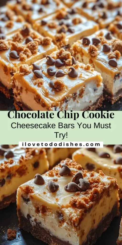 Indulge in the best of both worlds with these Chocolate Chip Cookie Cheesecake Bars! This delightful dessert combines a chewy chocolate chip cookie base with a rich and creamy cheesecake layer, creating a perfect balance of flavors and textures. Ideal for parties or cozy nights in, these bars are sure to impress everyone. Plus, customize them with nuts or different chocolates for your own twist! #Dessert #ChocolateChipCookies #CheesecakeBars #BakingRecipes #DeliciousDesserts #YummyTreats