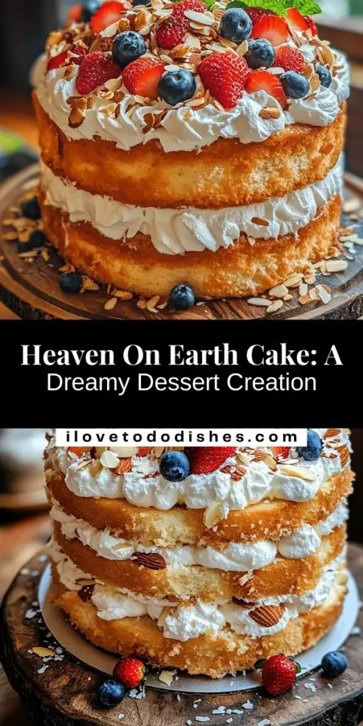 Discover the enchanting Heaven On Earth Cake, a delightful dessert perfect for any occasion. This whimsical treat features fluffy angel food cake layered with rich whipped cream and vibrant seasonal fruits like strawberries and blueberries. Its airy texture and bright flavors make it an irresistible centerpiece for celebrations. Easy to make and visually stunning, your friends and family will love this indulgent yet light dessert. Get inspired to create this heavenly cake for your next special event! #HeavenOnEarthCake #Desserts #Baking #AngelFoodCake #FruitDessert #Celebrations #HomemadeTreats