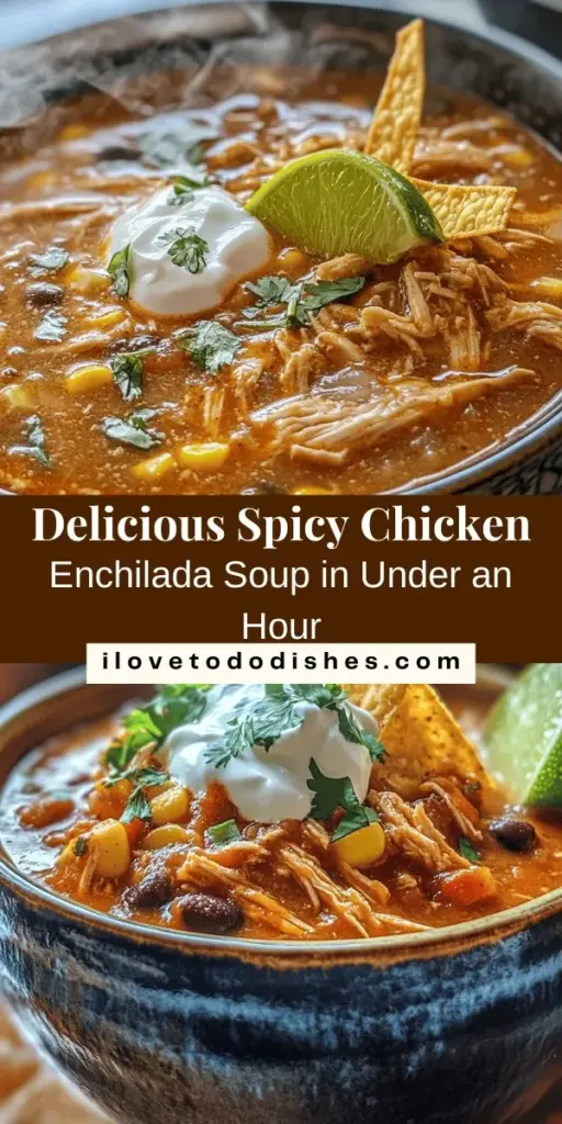 Warm up with this delicious Spicy Chicken Enchilada Soup, a perfect blend of spices and textures that will delight your taste buds! Featuring tender shredded chicken, zesty tomatoes, black beans, and corn, this nutrient-packed recipe is quick and easy to make in under an hour. Perfect for busy weeknights or cozy gatherings, top it off with fresh cilantro and lime for an extra burst of flavor. Try it today! #ChickenEnchiladaSoup #SoupRecipe #ComfortFood #MexicanCuisine #EasyRecipes