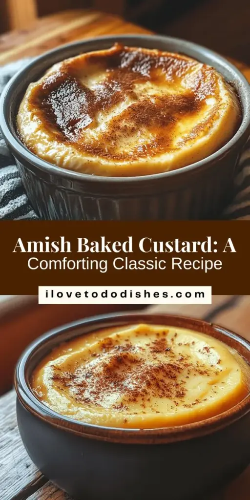 Indulge in the warmth of Heavenly Amish Baked Custard, a comforting classic that embodies the essence of homemade goodness. With a creamy texture and rich flavors, this timeless dessert is perfect for family gatherings or cozy nights in. Made with simple ingredients like eggs, sugar, and vanilla, it's both easy to prepare and deliciously satisfying. Discover the charm of this cherished recipe and bring a taste of Amish tradition to your table! #AmishCuisine #BakedCustard #ComfortFood #DessertRecipes #HomemadeGoodness