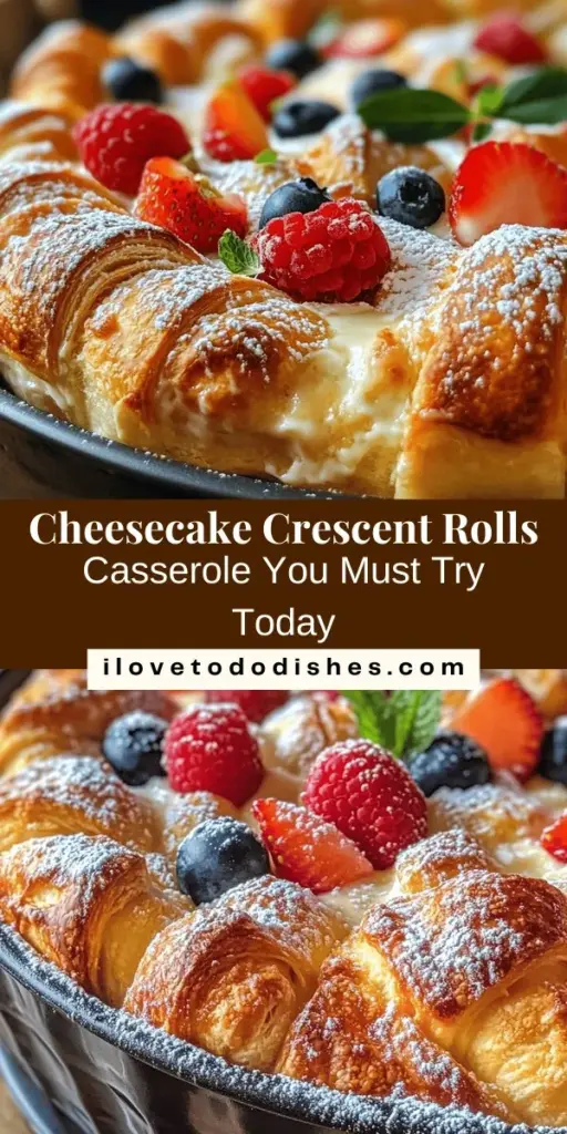 Indulge in the delightful Decadent Cheesecake Crescent Rolls Casserole, a sweet treat that combines rich cheesecake filling and flaky crescent rolls for a comforting dessert experience. Perfect for any occasion, this easy recipe is sure to impress your guests and satisfy your sweet cravings. With just a few simple ingredients, you'll have a crowd-pleaser ready in under an hour! Try it today and elevate your dessert game! #CheesecakeCasserole #DessertDelight #BakingJoy #CrescentRolls #YummyTreats