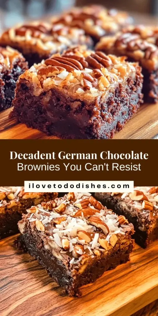 Indulge your sweet tooth with these decadent German chocolate brownies! This rich dessert blends the classic fudgy texture of brownies with the unique flavors of German chocolate, toasted pecans, and sweet coconut, making every bite a delightful experience. Perfect for any occasion, these brownies are easy to make and sure to impress your family and friends. Discover the joy of baking with this scrumptious recipe! #GermanChocolateBrownies #BakingJoy #ChocolateLovers #DessertRecipes #SweetTreats #HomemadeGoodness