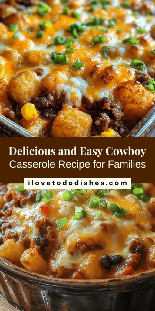 Discover the comfort and simplicity of Easy Cowboy Casserole, a family favorite that's perfect for busy weeknights! This hearty dish combines ground meat, beans, corn, and topped with crispy tater tots and melted cheese, offering a deliciously satisfying meal for any occasion. Plus, it's versatile and can be tailored to fit your dietary needs. Try this classic recipe and enjoy the warmth of home-cooked goodness! #CowboyCasserole #ComfortFood #EasyRecipes #MealPrep #DinnerIdeas #FamilyMeals