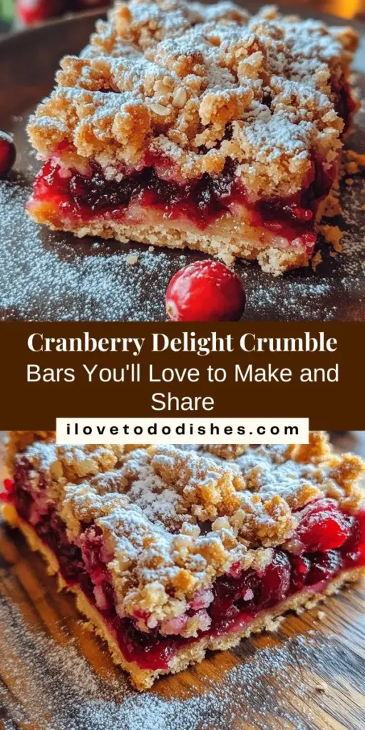 Discover the joy of baking with these irresistible Cranberry Delight Crumble Bars! Perfectly balancing sweet and tart flavors, these delicious bars feature a buttery crust, vibrant cranberry filling, and a delightful crumbly topping. Ideal for any occasion, from cozy nights at home to festive gatherings, they're sure to impress. Check out our step-by-step guide and create this culinary masterpiece in your kitchen! #CranberryDelight #Dessert #Baking #SweetTreats #HolidayRecipes #CrumbleBars