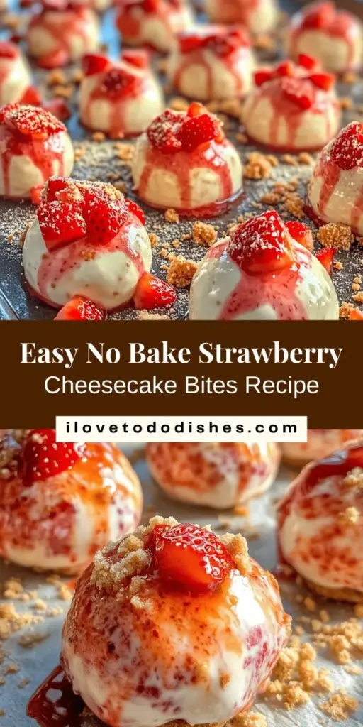 Satisfy your sweet tooth with these No Bake Strawberry Cheesecake Bites! Perfect for warm weather gatherings, this easy recipe combines creamy cheesecake with fresh strawberries in delightful bite-sized portions. Quick to make and a healthier dessert option, these treats are versatile and customizable for any occasion. Enjoy them at parties or as a light dessert at home. Try this refreshing recipe today! #NoBakeDessert #StrawberryCheesecake #SweetTreats #EasyRecipes #HealthyDesserts