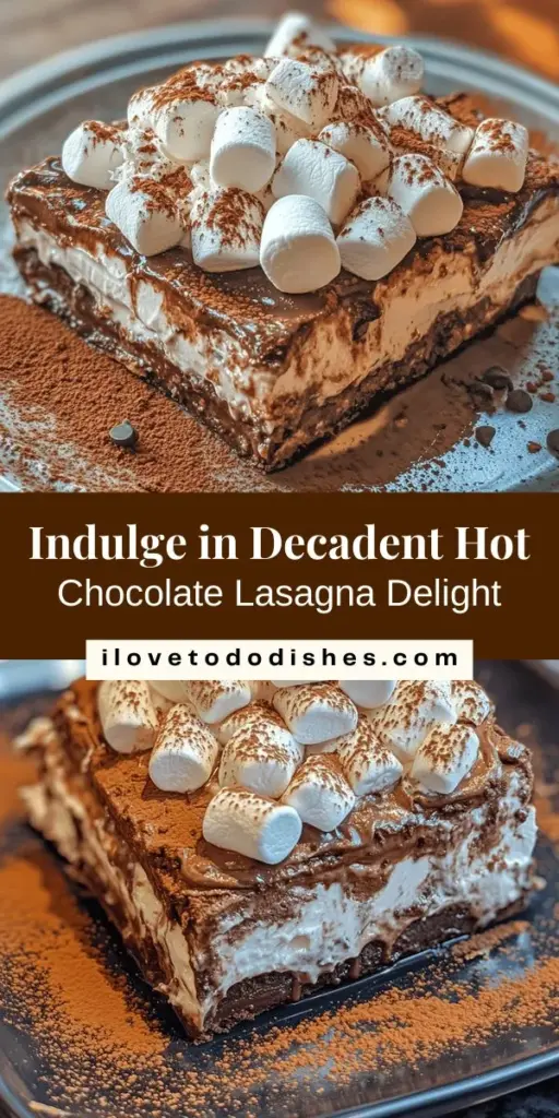 Treat yourself to a delightful twist on a classic favorite with Hot Chocolate Lasagna! This indulgent dessert features layers of chocolate graham crackers, rich chocolate pudding, creamy layers, and fluffy whipped cream, all topped with mini marshmallows and chocolate chips. Perfect for cozy gatherings or a sweet escape, it's a visual and flavorful masterpiece. Don't miss out on this unique treat! #HotChocolateLasagna #Dessert #ChocolateLovers #BakingFun #WinterTreats