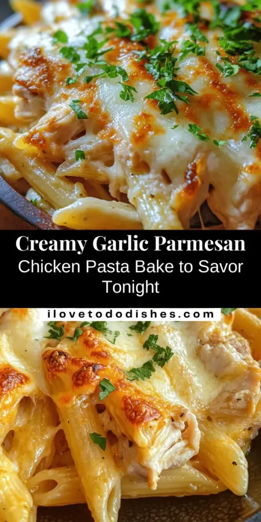 Indulge in the ultimate comfort food with this Garlic Parmesan Chicken Pasta Bake! This creamy, garlicky delight combines al dente pasta, juicy chicken, and a rich blend of parmesan and mozzarella for a warm and satisfying dish. Perfect for weeknight dinners or special gatherings, it’s easy to prepare, making it a go-to recipe for everyone. Enjoy the burst of flavors and cozy vibes with every bite! #PastaBake #ComfortFood #ChickenDinner #EasyRecipes #YummyEats