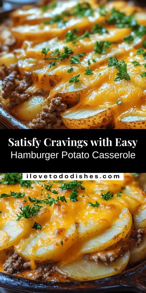 Discover the ultimate comfort food with this Easy Hamburger Potato Casserole! Packed with ground beef, tender potatoes, and gooey cheddar cheese, it’s a hearty meal perfect for busy weeknights or family gatherings. Easy to prepare and versatile, this dish allows for ingredient swaps to suit your taste. Bake it for a delightful golden crust and enjoy the warm, comforting flavors. Try this recipe today for a family favorite! #Casserole #ComfortFood #EasyRecipes #FamilyDinner #Cooking #Homemade #Yummy