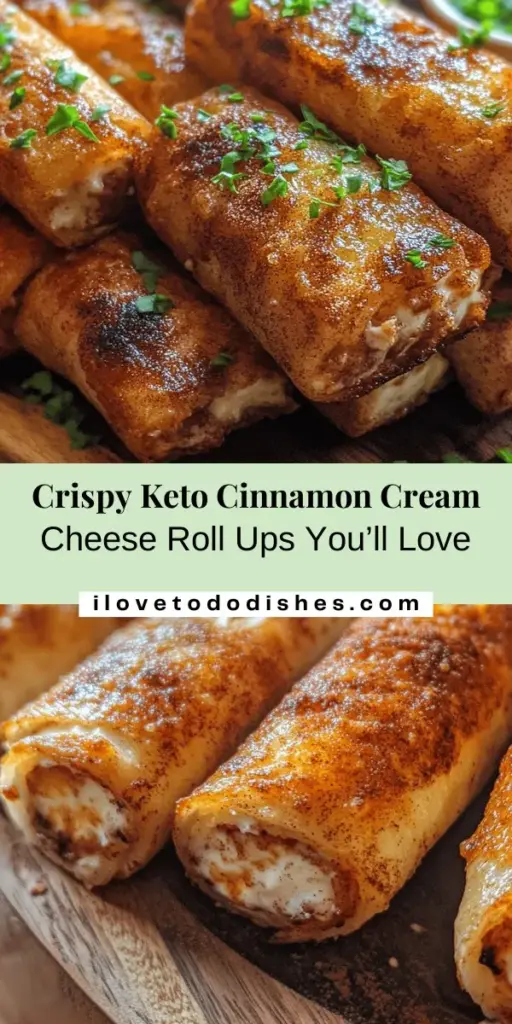 Indulge in the deliciousness of Crispy Keto Cinnamon Cream Cheese Roll Ups! Perfectly suited for your low-carb lifestyle, these delightful treats combine warm cinnamon flavors with creamy filling, making them an ideal dessert, snack, or breakfast option. Easy to make and customizable, they're a treat everyone can enjoy guilt-free. Try them today and elevate your keto journey! #KetoDessert #CinnamonRolls #LowCarb #HealthyTreats #KetoFriendly #SugarFree #RecipeIdeas