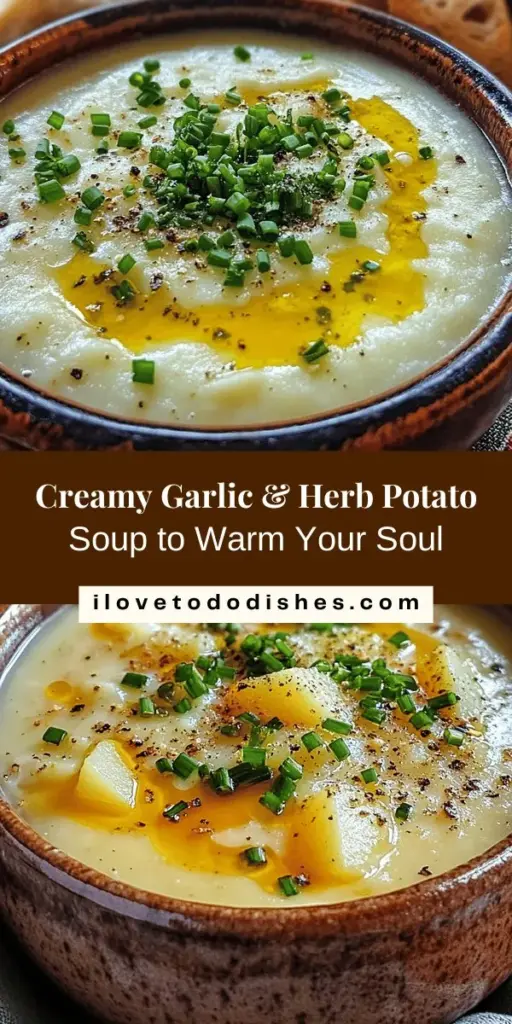 Cozy up with this Creamy Garlic & Herb Potato Soup, the ultimate comfort food for any occasion! Bursting with flavor from tender potatoes, aromatic garlic, and fresh herbs, this creamy delight warms the soul and satisfies the appetite. Perfect as a hearty lunch or dinner, it’s easily customizable to fit dietary needs, including dairy-free options. Enjoy every spoonful of nostalgia and warmth! #PotatoSoup #ComfortFood #HomeCooking #HealthyEats #SoupSeason #RecipeShare #Yum