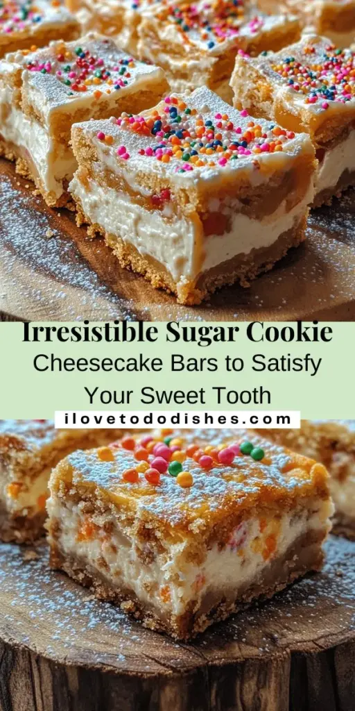 Indulge in the mouthwatering goodness of Sugar Cookie Cheesecake Bars! These delightful treats combine a buttery sugar cookie crust with a rich and creamy cheesecake filling, perfect for any occasion. Easy to customize with fun toppings like sprinkles or chocolate, these bars will impress family and friends alike. Ideal for parties, holidays, or just a sweet afternoon snack, they are a must-try for dessert lovers! #SugarCookieCheesecakeBars #DessertRecipes #BakingLove #SweetTreats