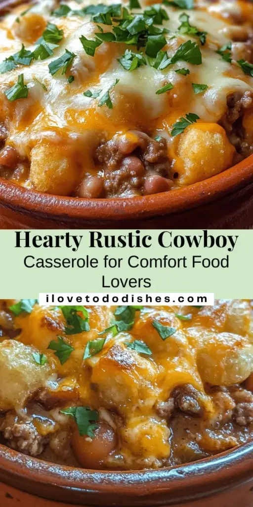 Warm up your family with this delicious Rustic Slow Cooker Cowboy Casserole! This comforting dish combines ground beef or turkey, beans, corn, and a creamy layer of mushroom soup, topped with crispy tater tots and melted cheddar cheese. It's easy to prepare and perfect for gatherings or a cozy dinner at home. Gather around the table and enjoy this hearty meal that brings everyone together. #CowboyCasserole #ComfortFood #SlowCooker #RecipeIdeas #HeartyMeals #FamilyDinners