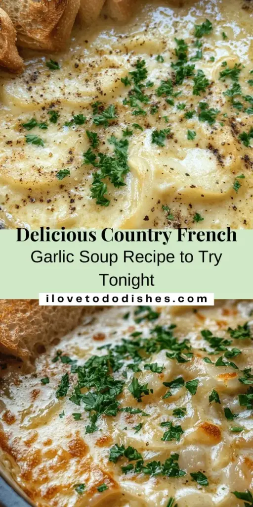 Discover the warmth and charm of Country French Garlic Soup—a comforting classic that transports you to the serene countryside of France. This delightful recipe celebrates garlic's robust flavors and boasts numerous health benefits. Perfect for cozy evenings or elegant gatherings, enjoy each spoonful paired with crusty baguette. Dive into this culinary treasure and bring a taste of French tradition to your home! #GarlicSoup #FrenchCuisine #ComfortFood #HealthyEating #Recipe