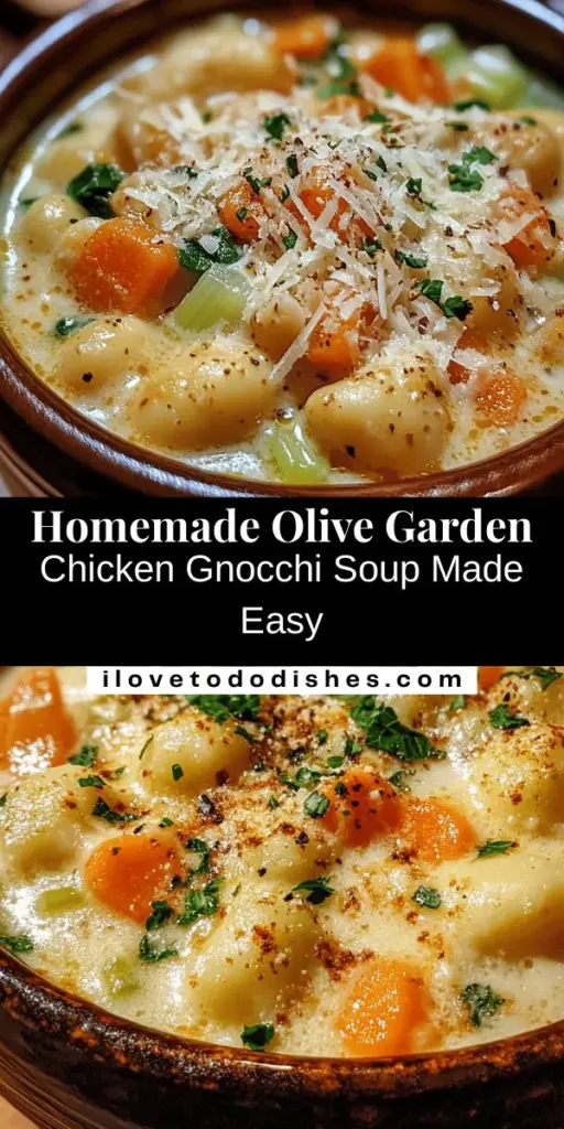 Warm up with a bowl of Creamy Olive Garden Chicken Gnocchi Soup! This comforting dish combines tender chicken, fluffy gnocchi, and a velvety broth that's perfect for cozy dinners or gatherings. Learn to recreate this restaurant favorite at home with fresh ingredients and simple steps. Customize it to your liking for a healthier twist! Dive into the soothing flavors and share delicious meals with loved ones. #ChickenGnocchiSoup #ComfortFood #OliveGarden #Recipe #HomemadeSoup