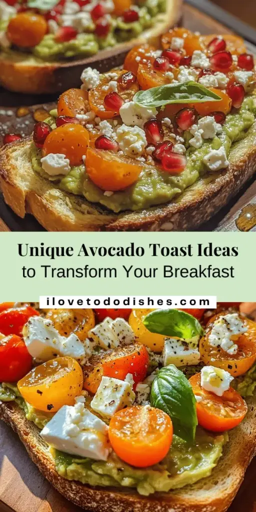 Elevate your breakfast with Avocado Toast with a Twist! This versatile dish combines creamy avocados with sourdough bread and an array of delightful toppings like cherry tomatoes, feta cheese, and pomegranate seeds. It’s not just tasty; it’s packed with nutrients that support heart health and well-being. Perfect for brunch or a quick snack, this recipe is sure to impress. Get ready to enjoy a creative twist on a classic favorite! #AvocadoToast #HealthyBreakfast #BrunchIdeas #Foodie #Nutrition #HealthyEating #RecipeInspiration