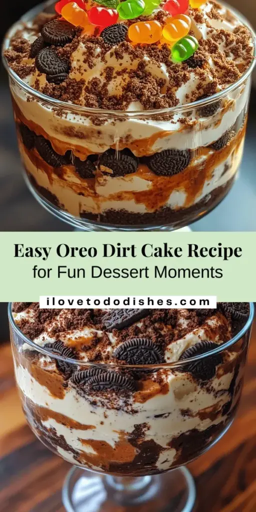 Satisfy your sweet tooth with this fun and easy Oreo Dirt Cake! Perfect for any occasion, this no-bake dessert layers rich cream and crunchy Oreo crumbs, topped with gummy worms for a playful twist. Ideal for kids' birthday parties or casual gatherings, it's simple to whip up and sure to impress. Bring a bit of nostalgia to your table with this delicious treat! #OreoDirtCake #NoBakeDesserts #FunDesserts #EasyRecipes #PartyTreats #NostalgiaCooking